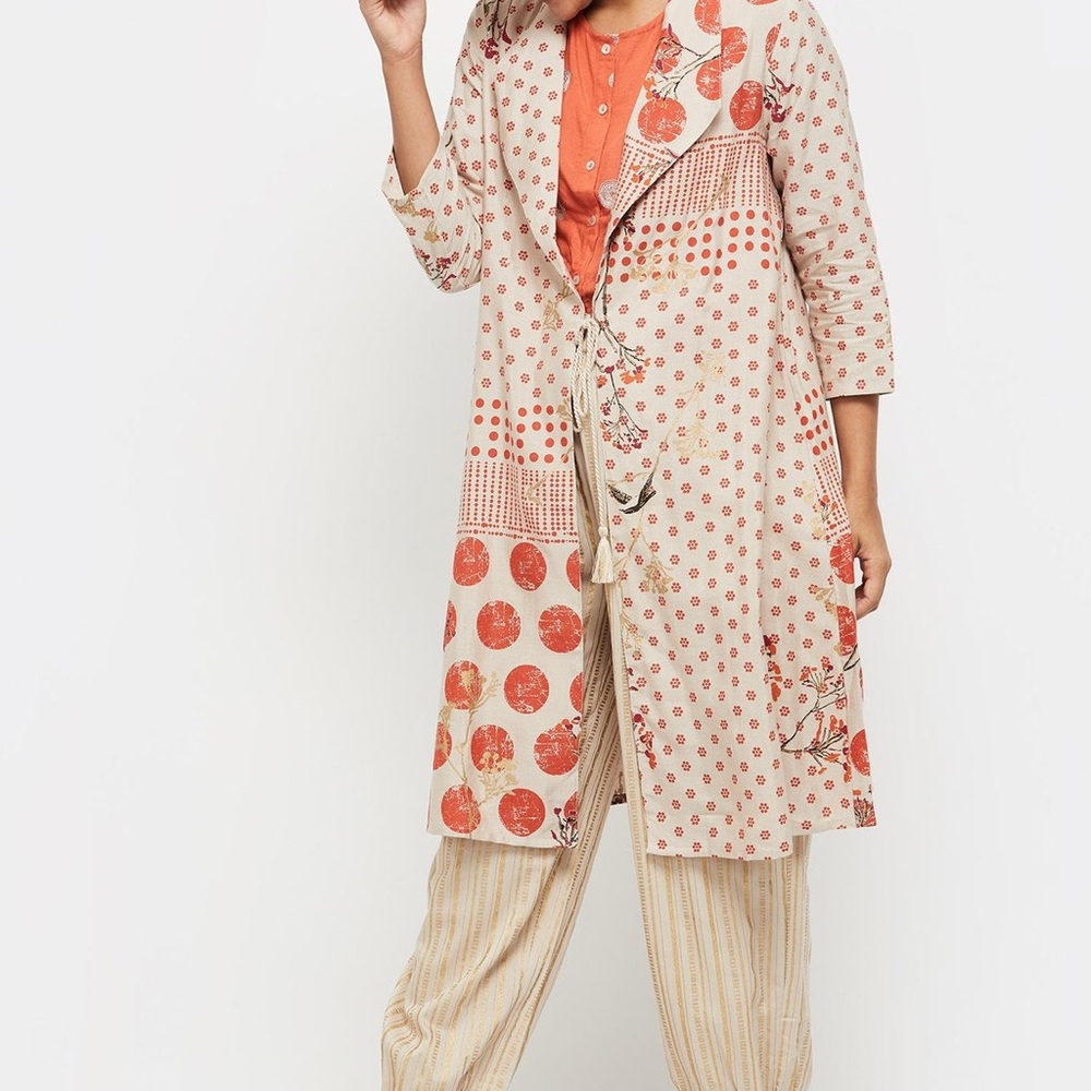 Max‎ Cream and Orange Open Front Long Jacket Women’s Size Small